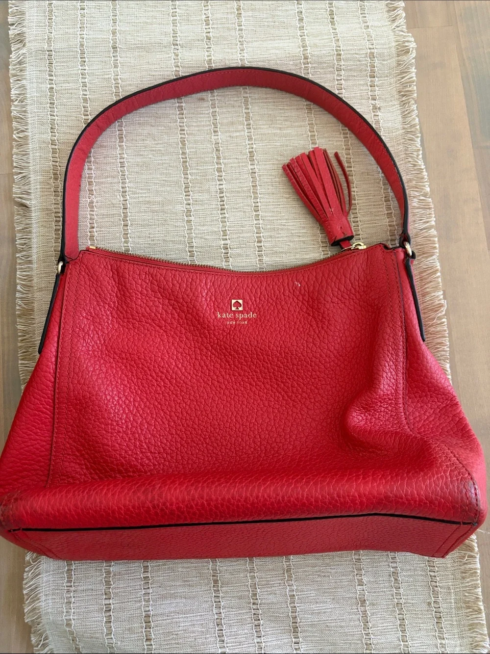 kate spade Red Pebbled Leather Shoulder Hobo with Tassel